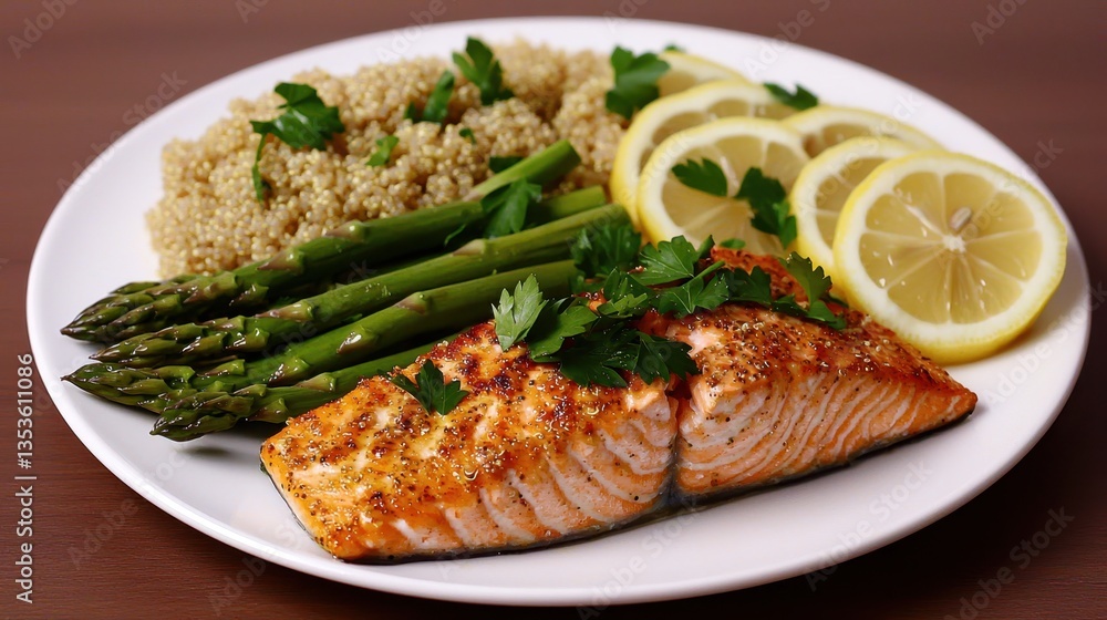 Grilled salmon with quinoa and asparagus kitchen food photography indoor close-up healthy recipe inspiration Grilled salmon with quinoa and asparagus kitchen food photography indoor close-up healthy recipe inspiration