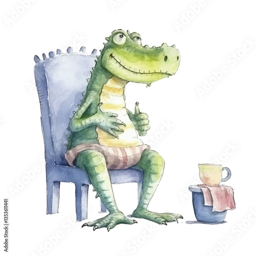 watercolors Cute crocodile sitting on chair illustration