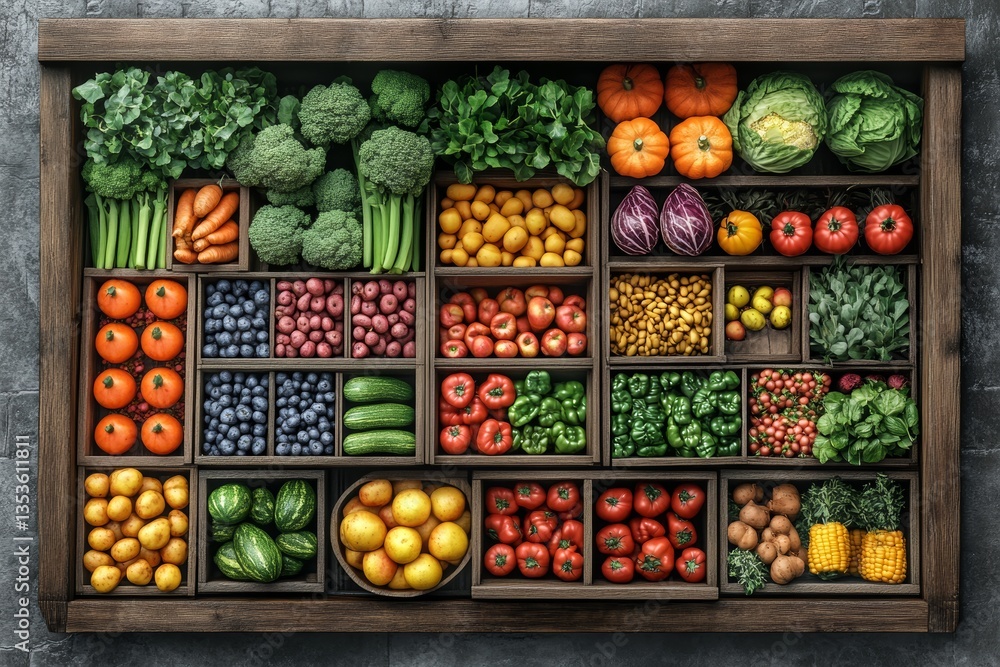 custom made wallpaper toronto digitalFarmer's market stall filled with fresh vegetables, fruits arranged beautifully on a rustic wooden tray. Concept of farmer's market stall showcasing vibrant produce.