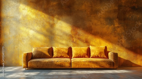 Mustard yellow velvet sofa against a textured gold wall with sunlight.