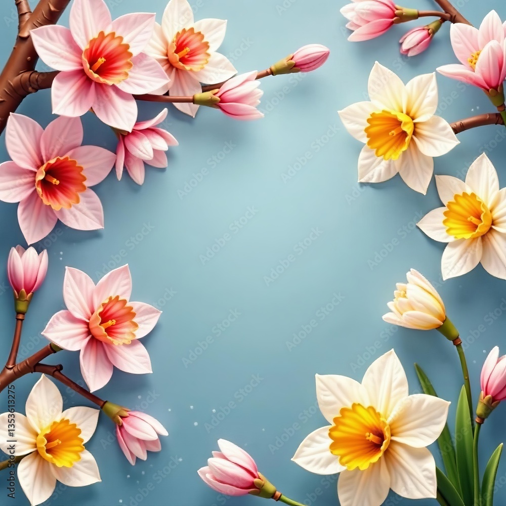 Sweet cherry blossom and daffodil seamless design for spring, delicate, petal, seamless Sweet cherry blossom and daffodil seamless design for spring, delicate, petal, seamless
