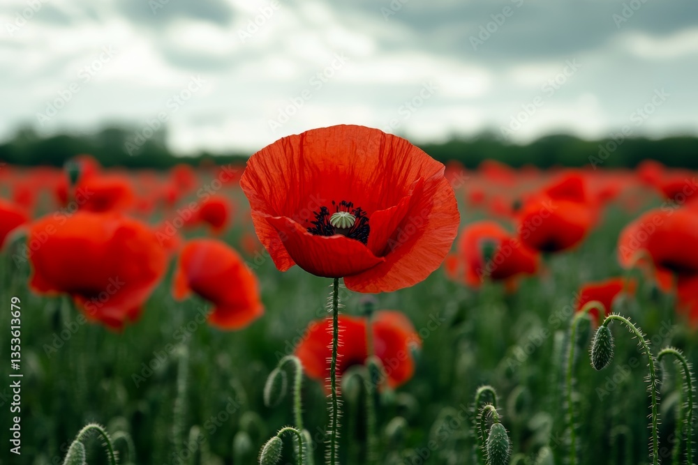Fototapeta premium Vibrant poppy field with colorful red flowers, blurred greenery in background, soft dreamy quality. Concept of peaceful poppy field evokes serenity and beauty of nature.