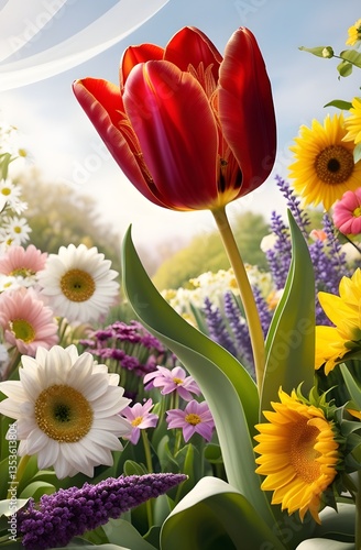 red and yellow tulips on blue background