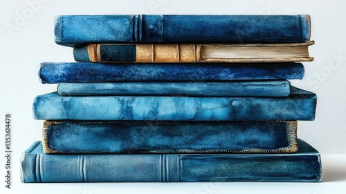 Stacked antique books with textured blue covers against white background