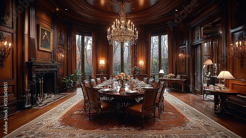 Luxurious wood-paneled dining room with large table, chandelier, and fireplace.