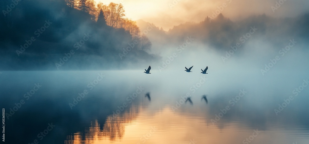 Morning serenity, Birds soaring over the tranquil misty lake at dawn Morning serenity, Birds soaring over the tranquil misty lake at dawn