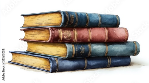 Watercolor painting shows a stack of antique hardcover books