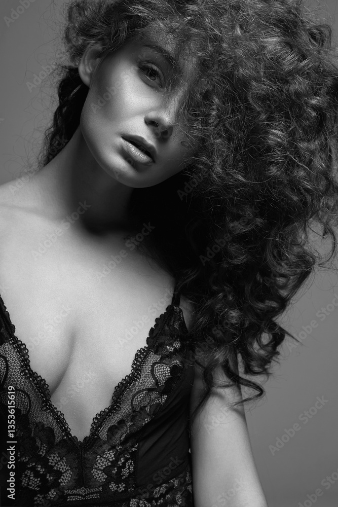 black and white portrait of pretty sexual girl in underwear