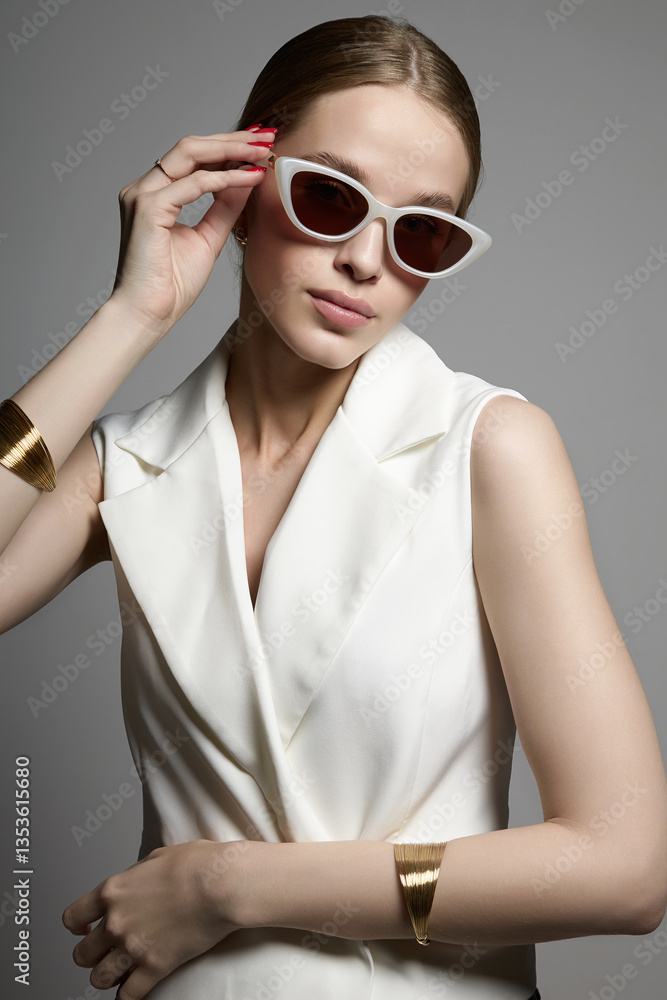 Beautiful young woman in sunglasses. blond girl in glasses and jewelry