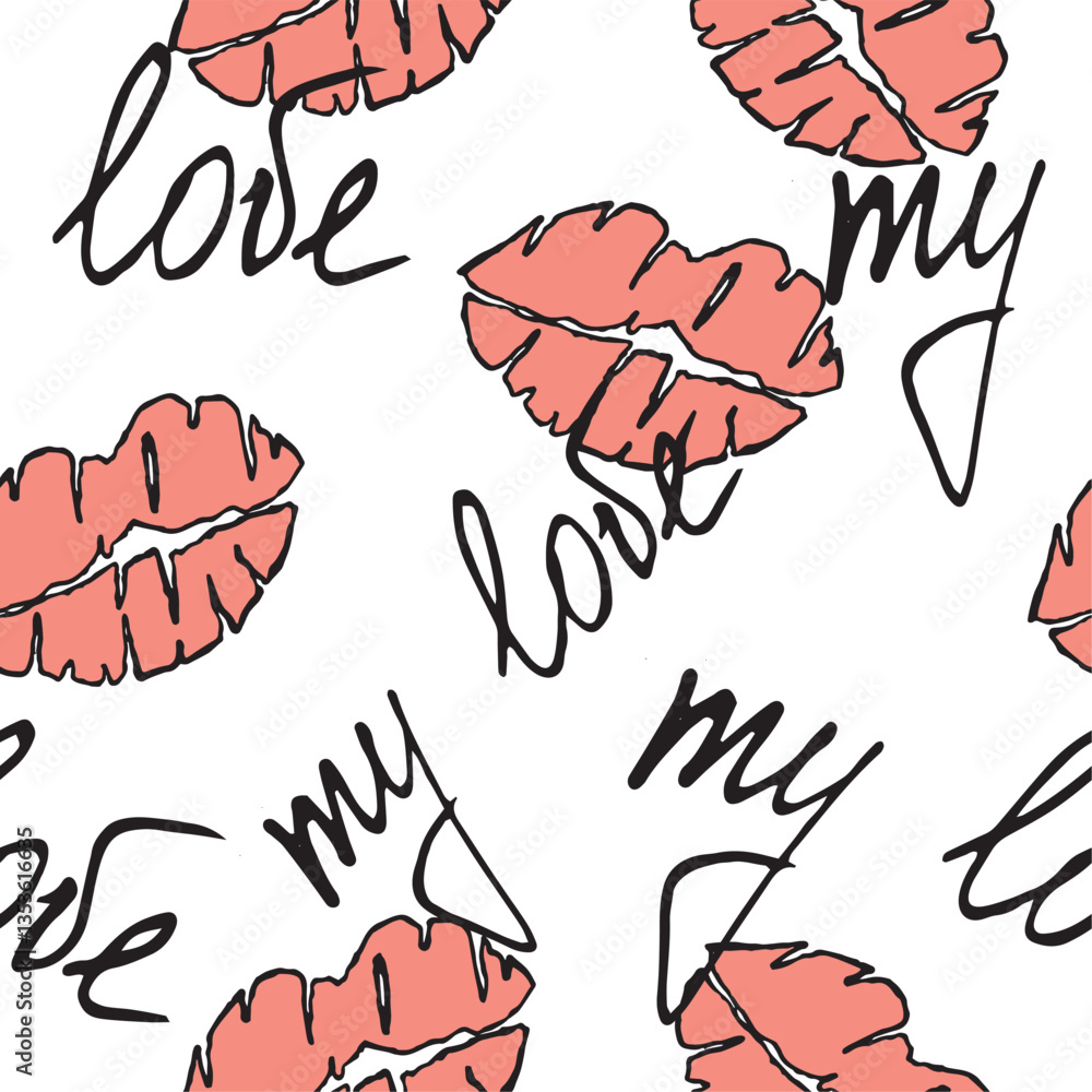 Fototapeta premium pink lips and lettering my love vector seamless pattern black and white graphics doodle hand drawn illustration on a white background the basis for the design of postcards textiles tableware and print
