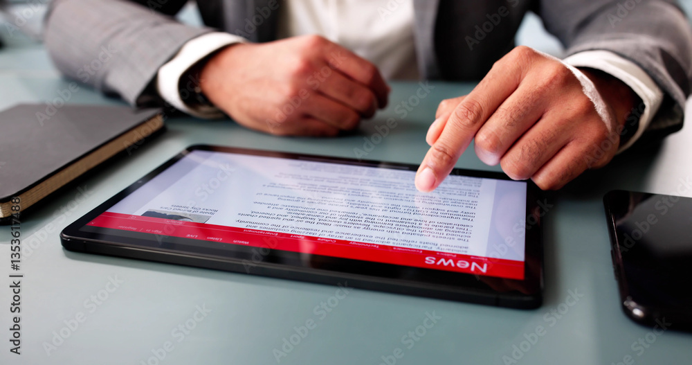 Man reading online news article on digital tablet