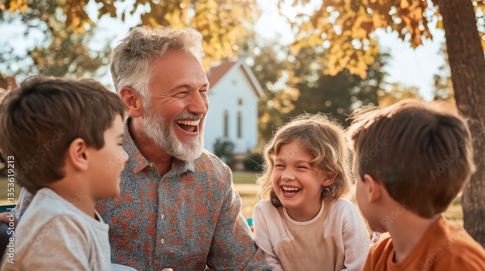 Pastor shares a joyful laughter with children in a vibrant park surrounded by colorful autumn foliage. The warm sunlight enhances the cheerful atmosphere of togetherness Pastor shares a joyful laughter with children in a vibrant park surrounded by colorful autumn foliage. The warm sunlight enhances the cheerful atmosphere of togetherness
