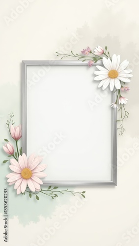 Elegant silver frame adorned with whimsical daisy and tulip floral arrangements