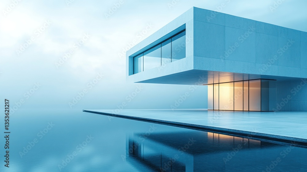 Fototapeta premium Modern House Overlooking Pool, Misty Ocean View