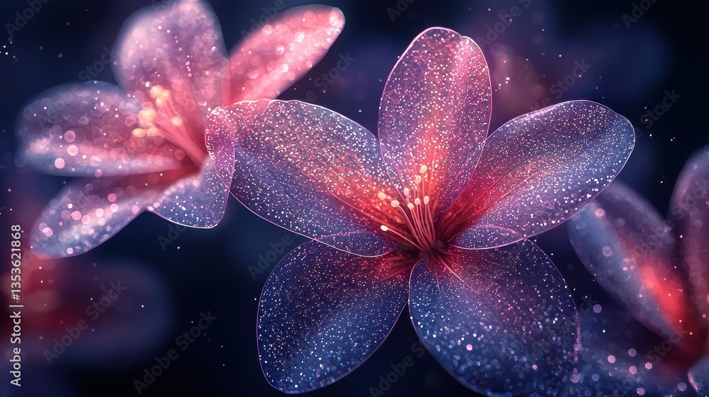 Close-up of vibrant, glowing flowers with sparkling details against a dark background Close-up of vibrant, glowing flowers with sparkling details against a dark background