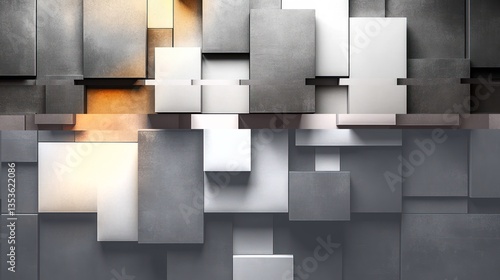 Abstract geometric wall, layered blocks, white and gray,  illuminated from the side. Use Background, backdrop