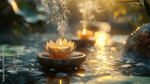 Serene lotus candles floating on calm water at sunset, emitting gentle smoke.