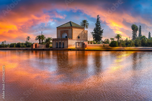 The Menara Pavilion and Gardens in Marrakesh, Morocco, captured at sunset with vibrant reflections on the serene lake, showcasing iconic Moroccan architecture.