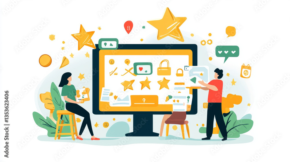 Fototapeta premium A digital illustration depicting customer reviews and satisfaction feedback. A user rates service quality via an online application, influencing business reputation and ranking