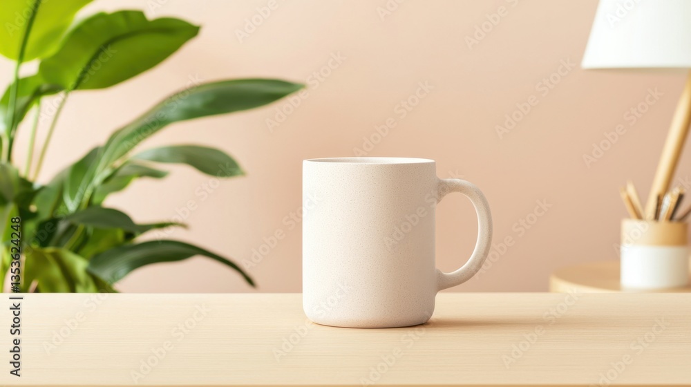 Minimalist workspace for small businesses Concept, Elegant modern workspace setup featuring a minimalist desk lamp, stylish mug, and fresh green plant accents Minimalist workspace for small businesses Concept, Elegant modern workspace setup featuring a minimalist desk lamp, stylish mug, and fresh green plant accents