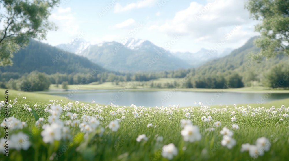 Serene mountain lake landscape, bathed in sunlight, with a field of white flowers in the foreground Serene mountain lake landscape, bathed in sunlight, with a field of white flowers in the foreground