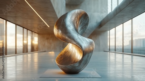 Modern abstract sculpture in a spacious, minimalist art gallery with city views