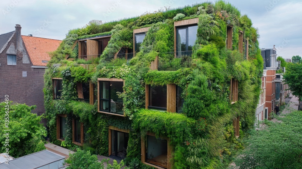 Fototapeta premium Innovative sustainable architecture, building with vertical garden facade and green roof