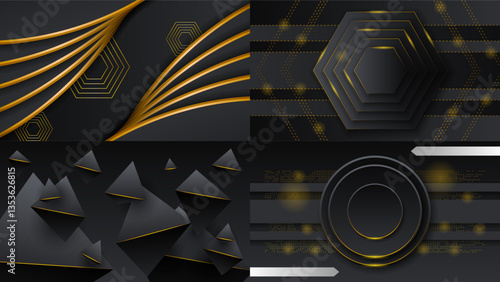 Set Abstract Collection Dark Black Gold Material Modern Background With Golden Lines Stripes Shadows Backdrop Wallpaper Decoration Vector Design Style