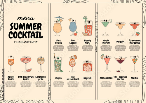 Retro groovy summer cocktail characters. Menu with cute alcohol beverage martini, aperol spritz, margarita and other. Vector illustration for bar, pub, club, cafe
