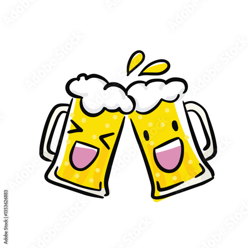 Hand drawing cartoon of Beer bottles toasting