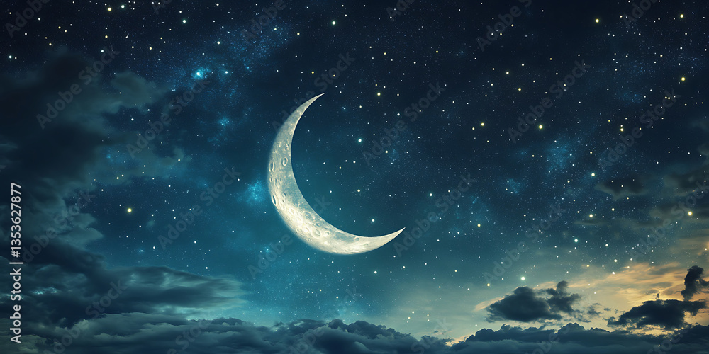 Fototapeta premium Starry Night with Crescent Moon Wallpaper Background for Ramadan and Spiritual Reflection