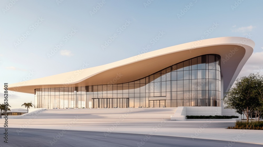 Modern convention center exterior design Concept, Modern Architectural Design of a Convention Center with Expansive Glass Facade and Steps Leading to Entrance Modern convention center exterior design Concept, Modern Architectural Design of a Convention Center with Expansive Glass Facade and Steps Leading to Entrance