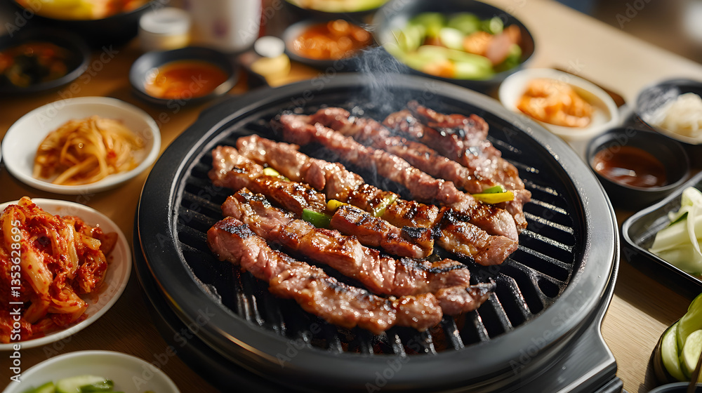 barbecue setup with sizzling meats on a grill, accompanied by kimchi, dipping sauces, and side dishes barbecue setup with sizzling meats on a grill, accompanied by kimchi, dipping sauces, and side dishes