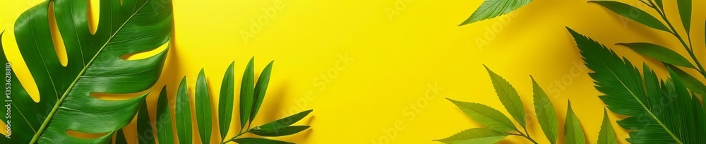 Obraz premium Vibrant tropical leaves scattered on sunny yellow backdrop, vibrant, Summer, bright
