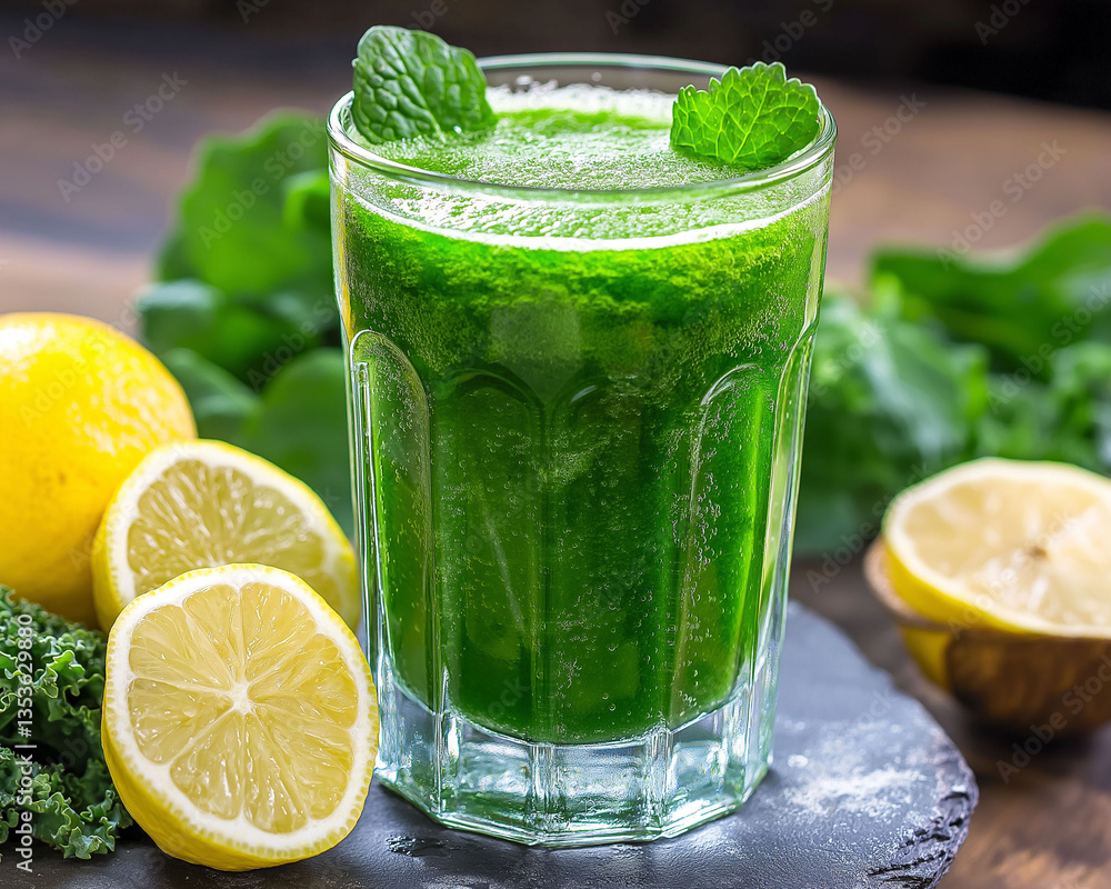 Fototapeta premium Lutein antioxidant vitamins. Nutrition supplements. Eye care wellness. A refreshing green smoothie rich in lutein served in a glass.