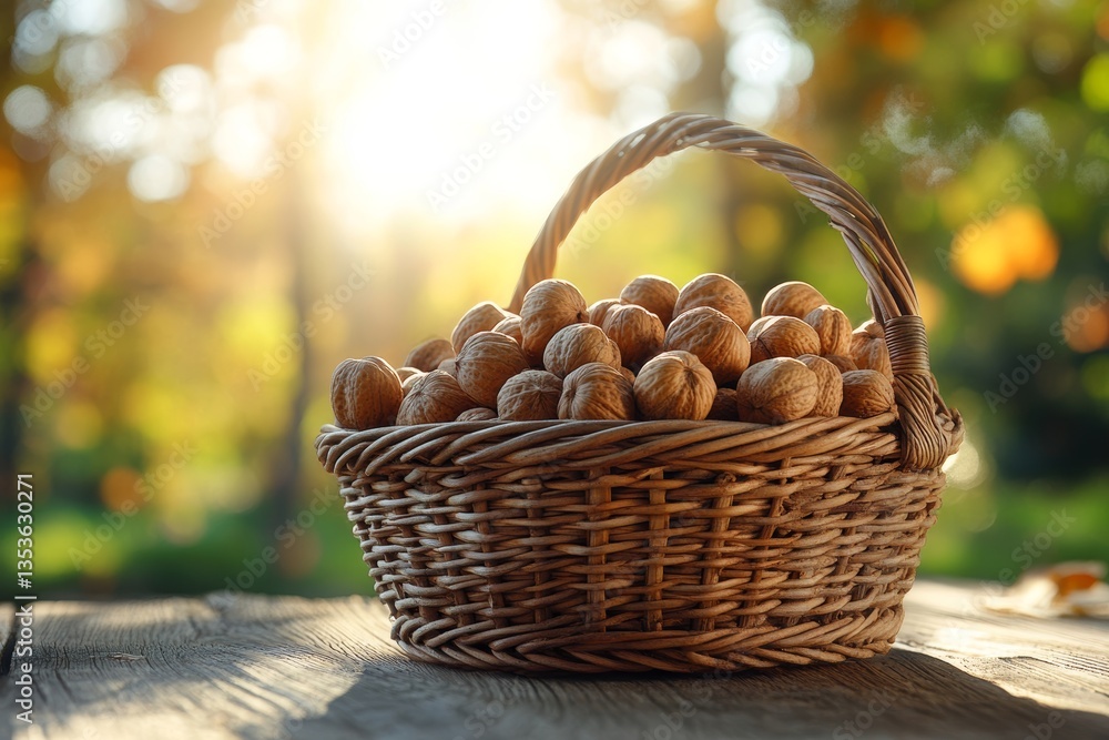 Nut harvest in basket, filled with hazelnuts on weathered wooden table. Concept of nut harvest in basket, highlighting serene atmosphere and agriculture. Nut harvest in basket, filled with hazelnuts on weathered wooden table. Concept of nut harvest in basket, highlighting serene atmosphere and agriculture.