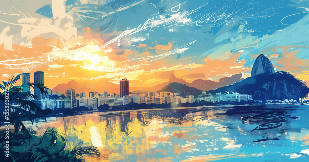 Fototapeta premium Colorful digital artwork of Rio de Janeiro skyline and water.