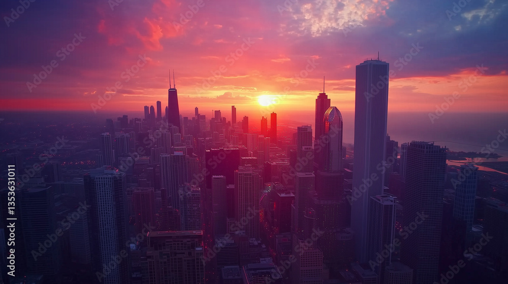 Fototapeta premium Aerial view of a city skyline at dusk