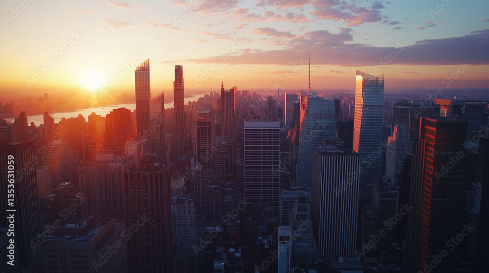 Fototapeta premium Aerial view of a city skyline at dusk