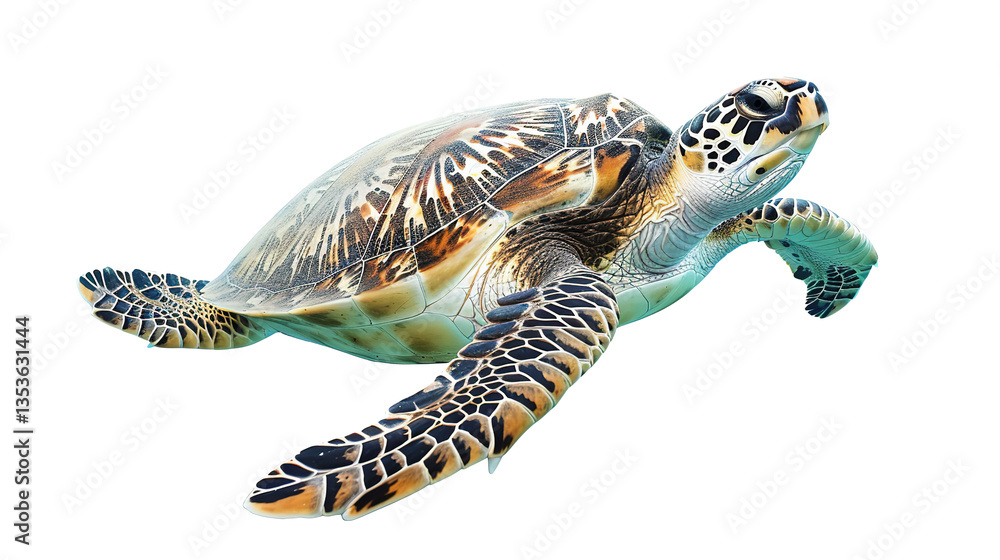 Obraz premium Swimming Turtle Isolated on PNG Transparent Background. Animal, Marin, Water, Reptile, Ocean, Underwater, Sea, Swim, Fish, Aqualung, Nature, Wildlife, Reef, Diving, Coral