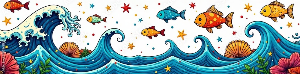 Naklejka premium Whimsical doodle pattern with waves, shells, and fish, whimsical, abstract, artistic