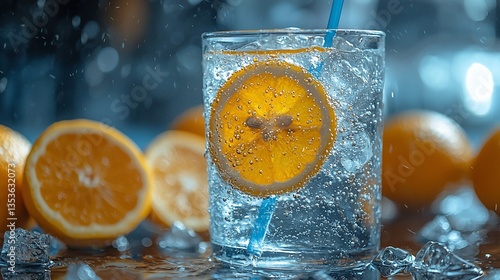 Sparkling water with orange slice in glass.