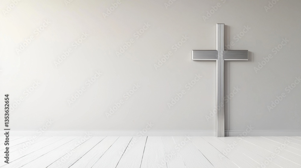 Naklejka premium Modern minimalist church designs Concept, Modern Minimalist Cross in Brushed Metal Design for Contemporary Interior Spaces