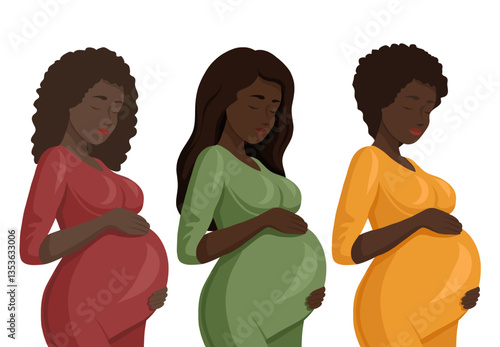 Vector set of African pregnant women isolated from background. Clip arts collection of healthy Black pregnant women in a flat style for card and sticker. Tender expectation of a child.