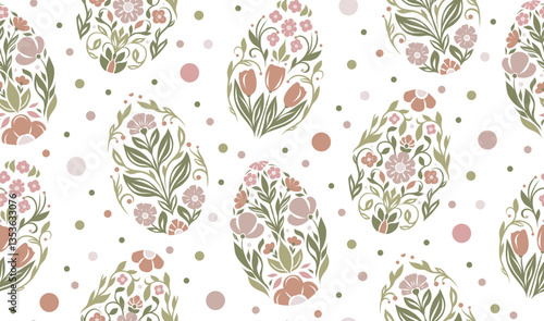 Vector decorative pattern with Easter eggs in folk art style with polka dot background. Tracery festive texture with eggs in pastel colors. Spring floral ornament for fabric