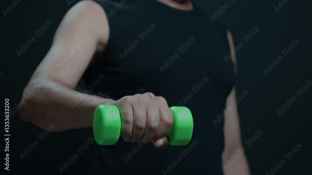 Focused Men Arm Flexing Light Green Dumbbell In Dark Blue Shirt Bicep Curl Close Up, Sleeveless With Light, Body Building 1.5Kg For Arm Strength And Body Definition Focused Men Arm Flexing Light Green Dumbbell In Dark Blue Shirt Bicep Curl Close Up, Sleeveless With Light, Body Building 1.5Kg For Arm Strength And Body Definition