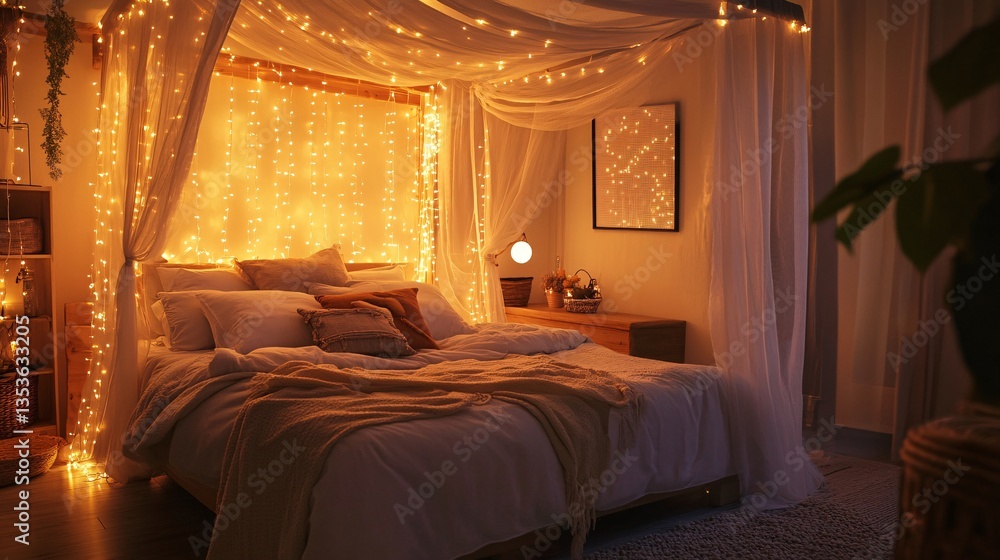 Cozy Bed Chamber with Twinkle Lights and Dreamy Ambiance for Relaxation and Peaceful Nights Cozy Bed Chamber with Twinkle Lights and Dreamy Ambiance for Relaxation and Peaceful Nights
