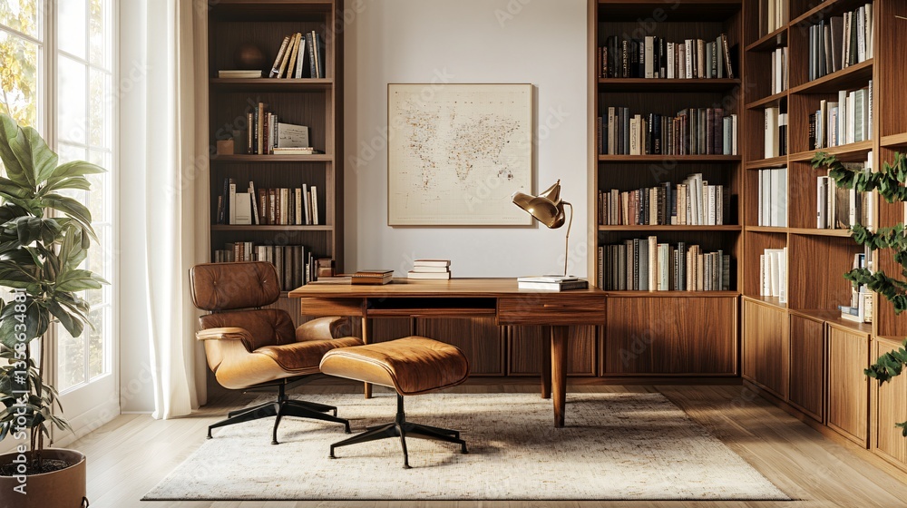 Elegant Home Office Interior With Bookshelves Desk Chair and World Map Artwork Displayed Elegant Home Office Interior With Bookshelves Desk Chair and World Map Artwork Displayed