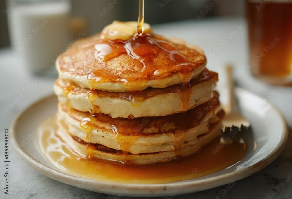 A stack of pancakes with syrup on a plate.