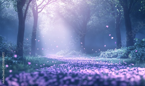 A serene forest path illuminated by soft light and adorned with delicate flowers.